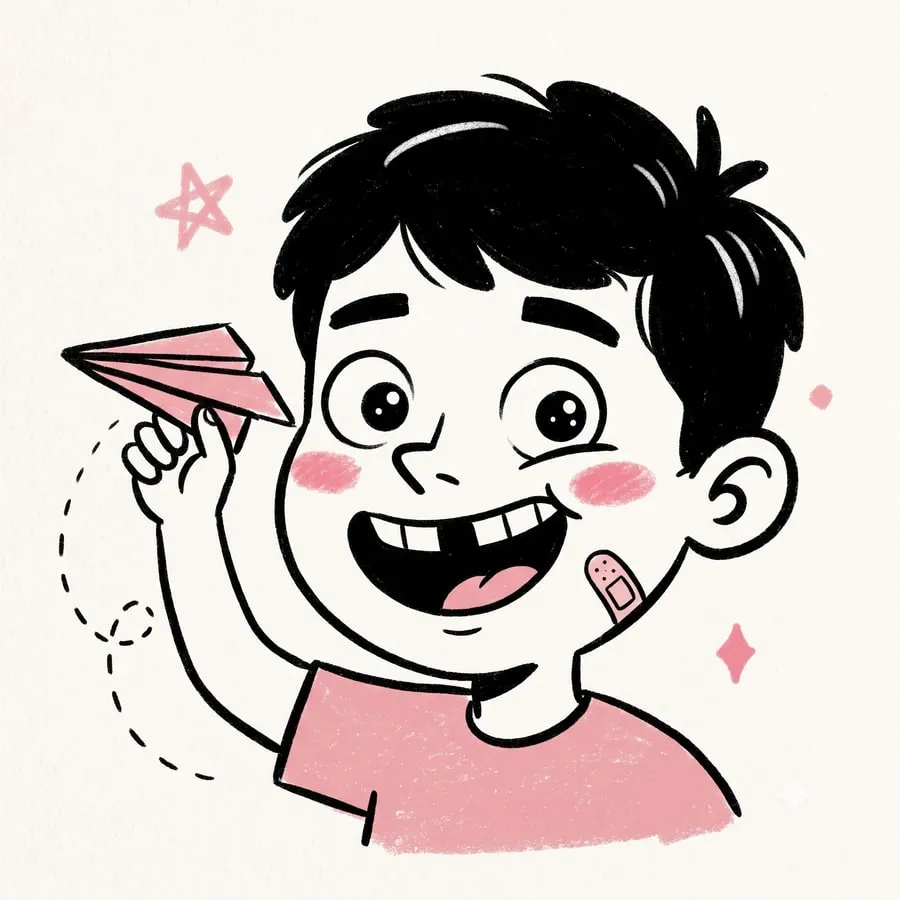 A doodle of Abhinav as a kid, flying a paper aeroplane
