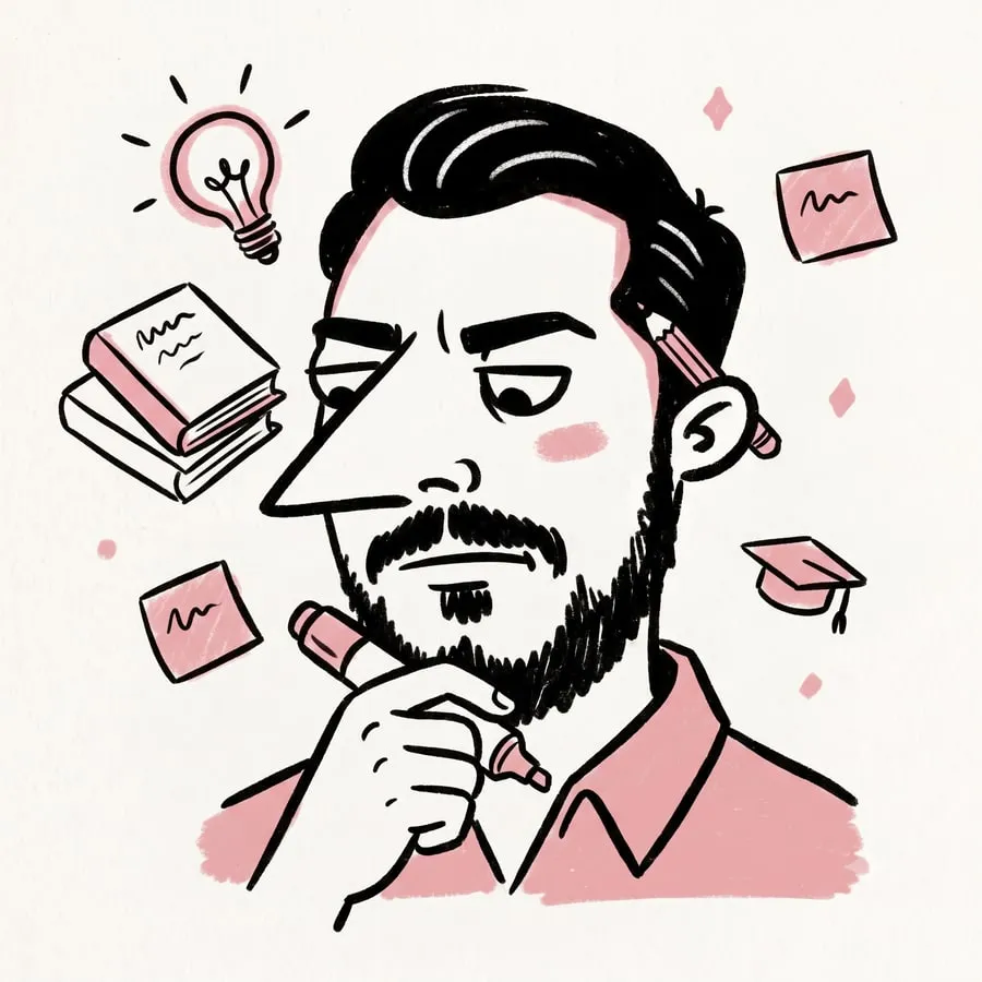 A doodle of Abhinav studying, pencil behind his ear